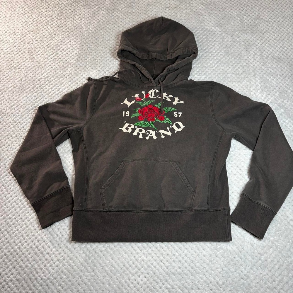 Lucky Brand Vintage Gray Rose Embroidered Hoodie Sweatshirt Womens Large